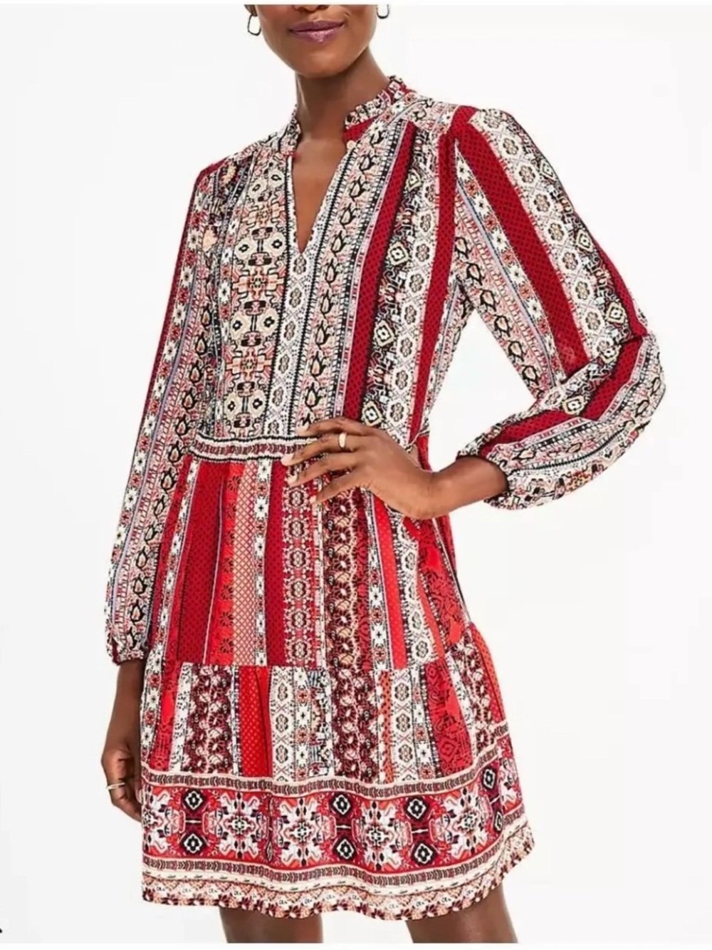 LOFT Red Multi-Pattern Long-Sleeve Tiered Dress
